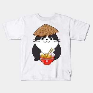 Funny fat cat is eating noodles Kids T-Shirt